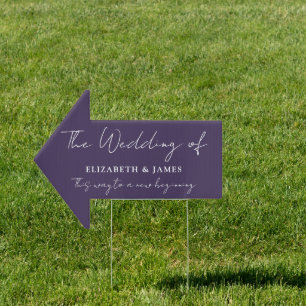 Purple Elegant Script Wedding This Way Arrow Sign