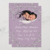 Purple Elegant Scroll Baby Birth Announcement (Front/Back)