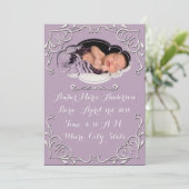 Purple Elegant Scroll Baby Birth Announcement (Standing Front)