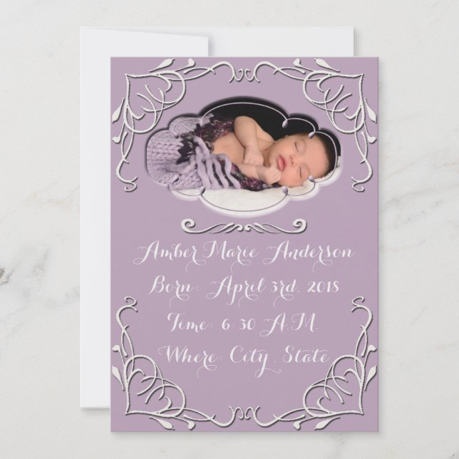 Purple Elegant Scroll Baby Birth Announcement (Front)