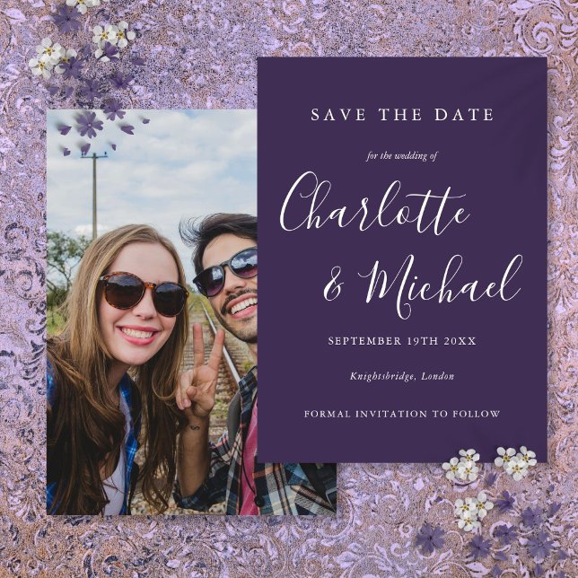 Purple Elegant Signature Script Photo Save The Date (Purple Elegant Signature Script Photo Save The Date)
