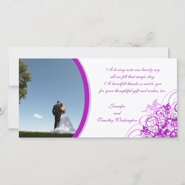 Purple elegant swirls wedding thank you photocard (Front)