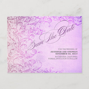 Purple elegant vintage save the date postcards