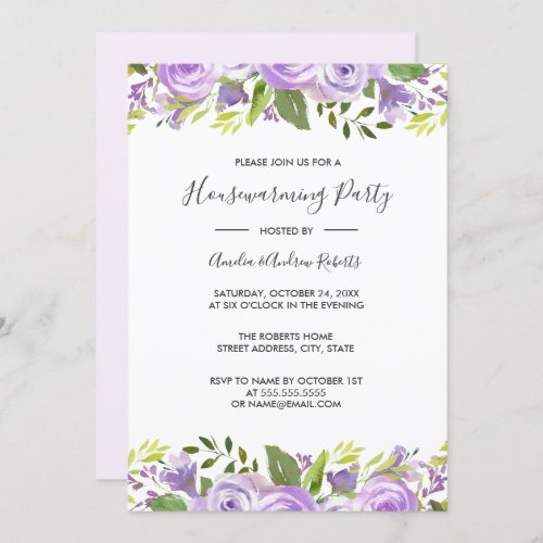 Purple Elegant Watercolor Floral Housewarming Invitation