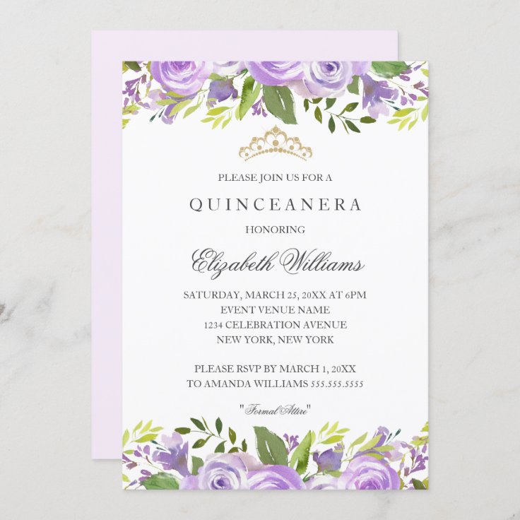 Purple Elegant Watercolor Floral Quinceanera Invitation | Zazzle