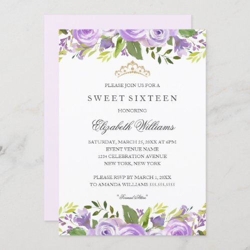 Purple Elegant Watercolor Floral Sweet Sixteen Invitation