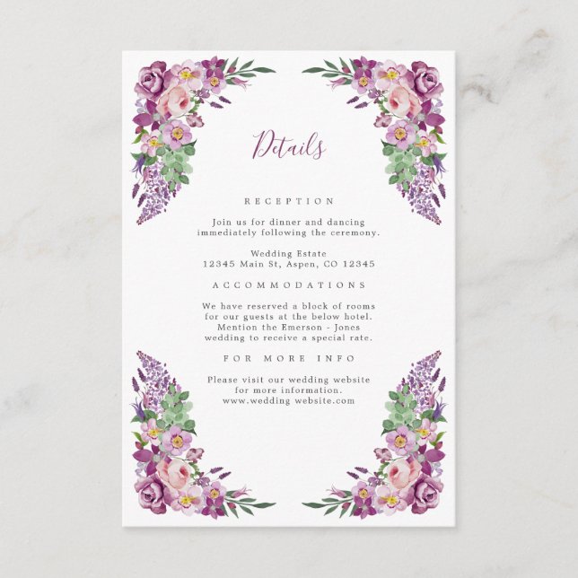 Purple Elegant Wedding Detail Enclosure Card (Front)