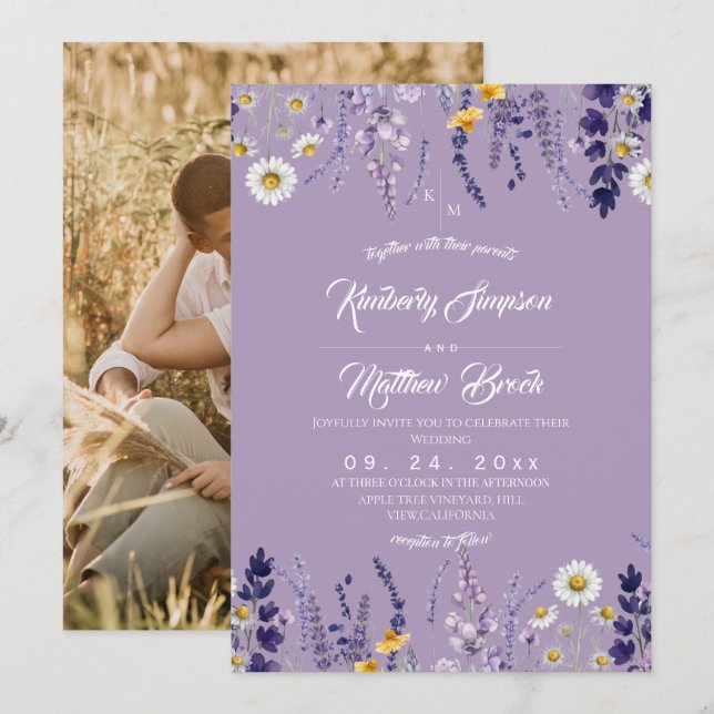 Purple Elegant Wildflower Rustic Wedding  Invitation (Front/Back)