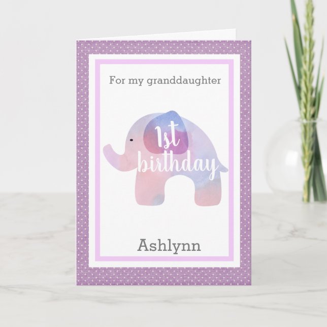 Purple Elephant 1st Birthday Granddaughter Card (Front)