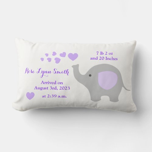 Purple Elephant Baby Birth Stats Announcement Girl Lumbar Pillow