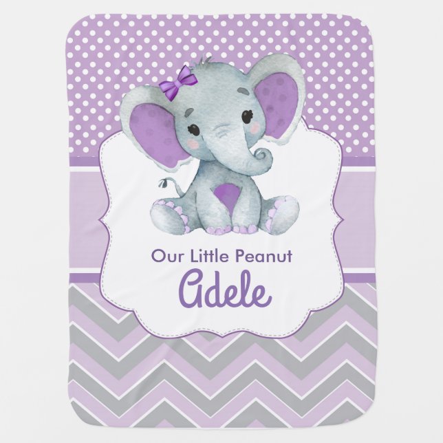 Purple Elephant Baby Blanket with Name Gift (Front)