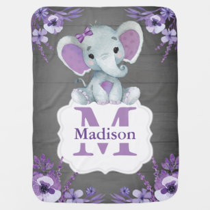 Purple Elephant baby blanket with name rustic