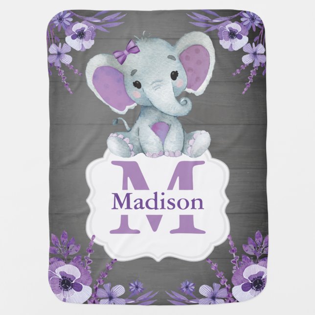 Purple Elephant baby blanket with name rustic (Front)