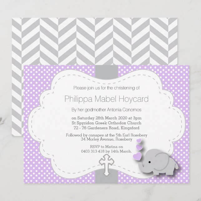 Purple - Elephant 🐘 Baby - Christening Invitation (Front/Back)