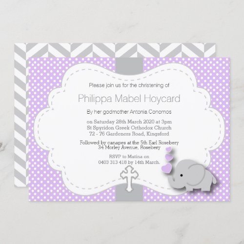 Purple _ Elephant  Baby _ Christening Invitation