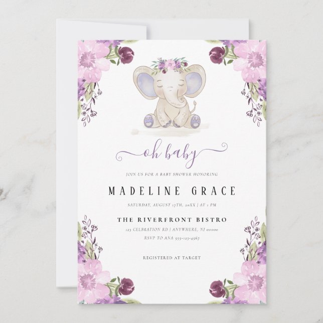 Purple Elephant Baby Girl Baby Shower Invitation (Front)