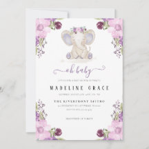 Purple Elephant Baby Girl Baby Shower Invitation