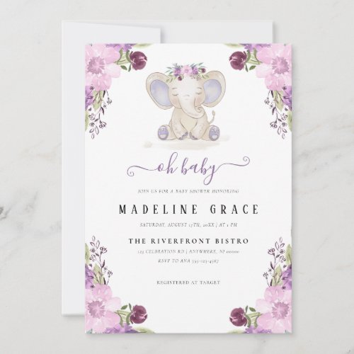 Purple Elephant Baby Girl Baby Shower Invitation