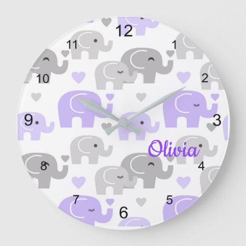 Purple Elephant Baby Girl Nursery Large Clock