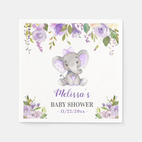 Purple Elephant Baby Girl Shower Floral Sprinkle Napkins