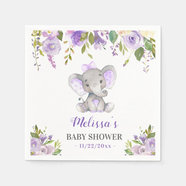 Purple Elephant Baby Girl Shower Floral Sprinkle Napkins (Front)