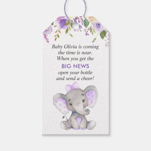 Purple Elephant Baby Girl Shower Mini Bottle Favor Gift Tags