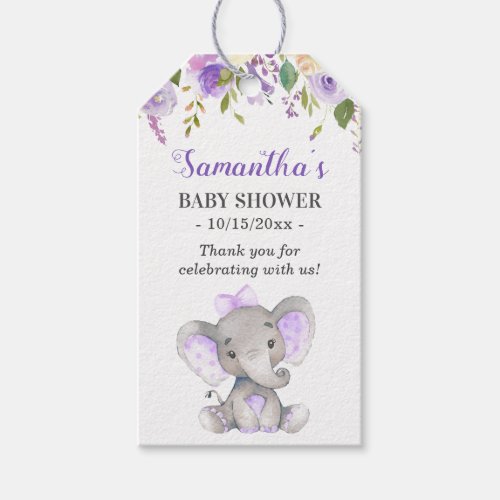 Purple Elephant Baby Girl Shower Sprinkle Favor Gift Tags