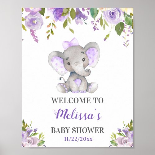 Purple Elephant Baby Girl Shower Sprinkle Welcome Poster