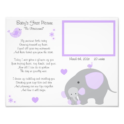 Purple Elephant Baby Girl Ultrasound Sonogram Art  Photo Print