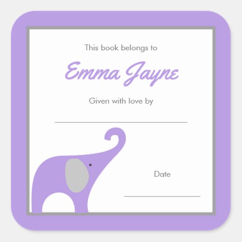 Purple Elephant Baby Shower Book Library Square Sticker