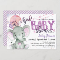 Purple Elephant Baby Shower girl invitation