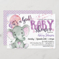 Purple Elephant Baby Shower girl invitation