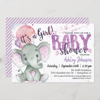 Purple Elephant Baby Shower Girl Invitation by Card_Stop at Zazzle