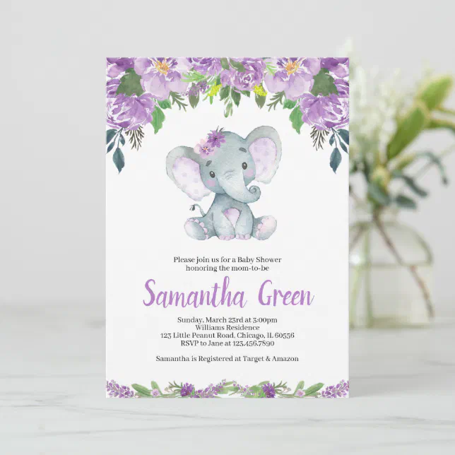 Purple Elephant Baby Shower Invitation Zazzle