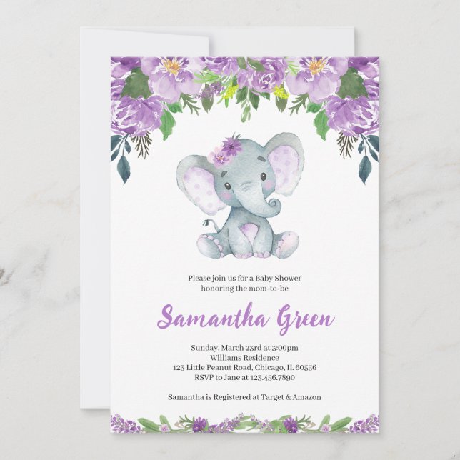 Purple Elephant Baby Shower Invitation (Front)