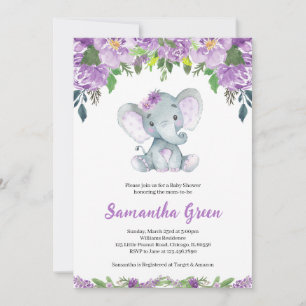 Purple Elephant Baby Shower Invitation