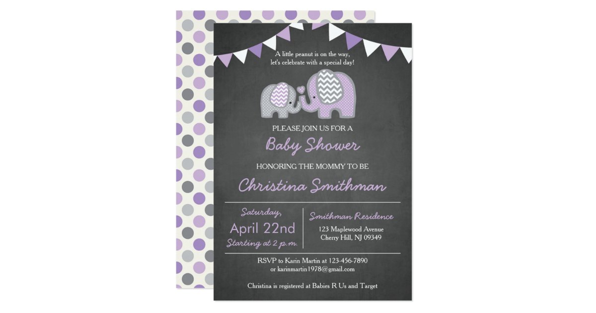 Purple Elephant Baby Shower Invitation