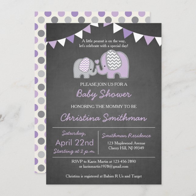 Purple Elephant Baby Shower Invitation (Front/Back)