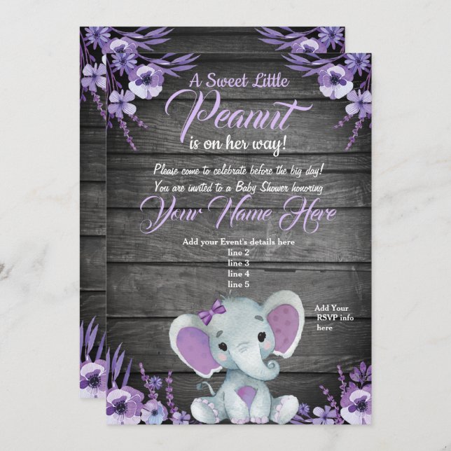 Purple Elephant Baby shower invitation rustic Zazzle