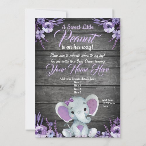 Purple Elephant Baby shower invitation rustic