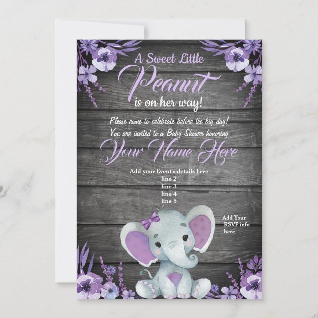Purple Elephant Baby shower invitation rustic (Front)