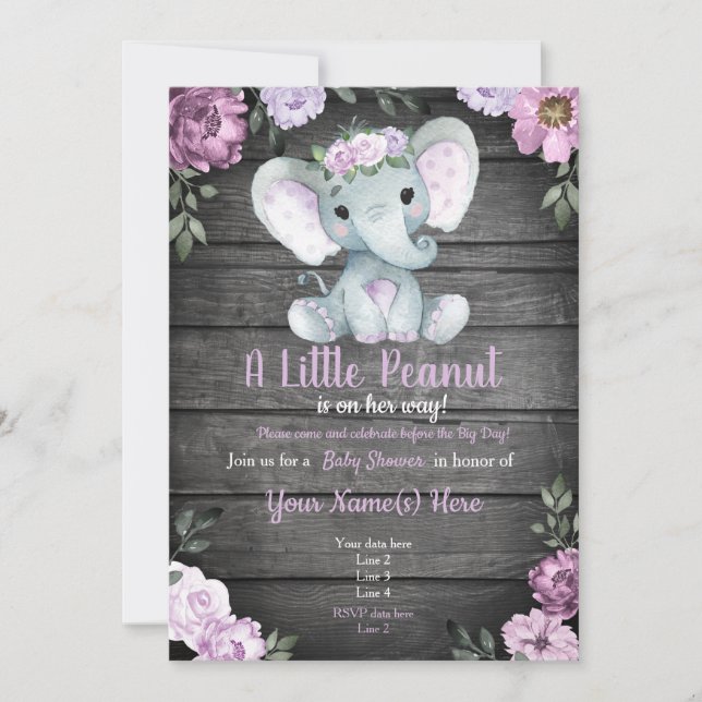 Purple Elephant Baby Shower invitation, rustic Invitation (Front)