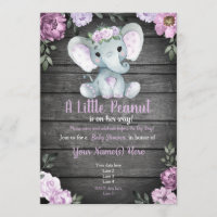 Purple Elephant Baby Shower invitation, rustic Invitation