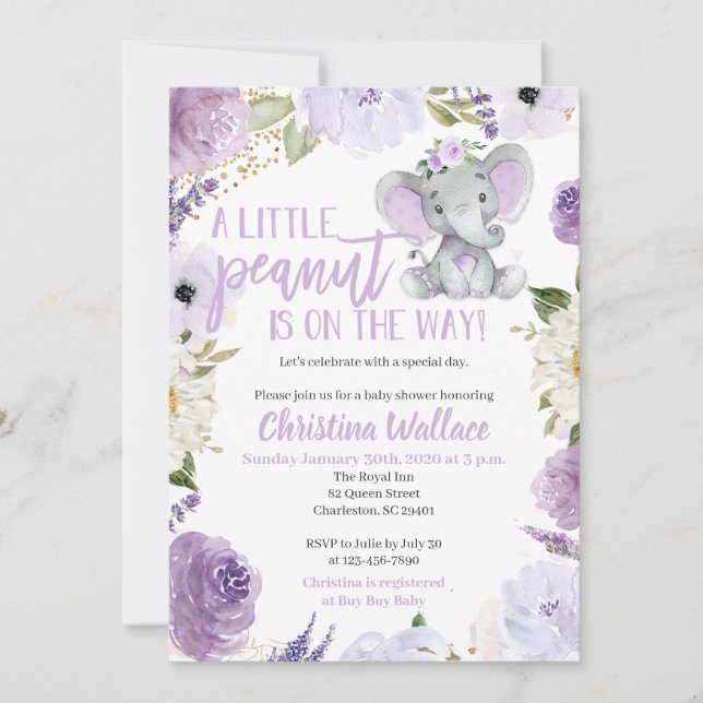 Purple Elephant Baby Shower Invitations for a Girl (Front)