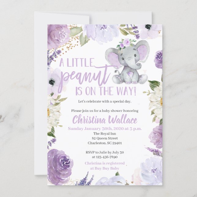 Purple Elephant Baby Shower Invitations for a Girl (Front)