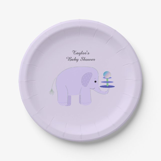 Purple Elephant Baby Shower Paper Plates (Front)