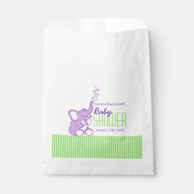 Purple elephant baby shower personalized favor bag (Front)