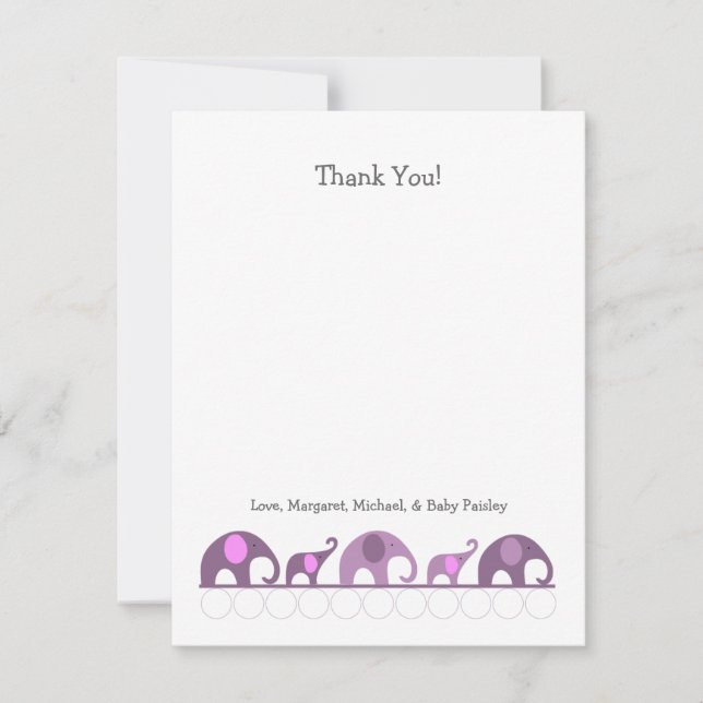 Purple Elephant Baby Shower Thank You Notes (Front)