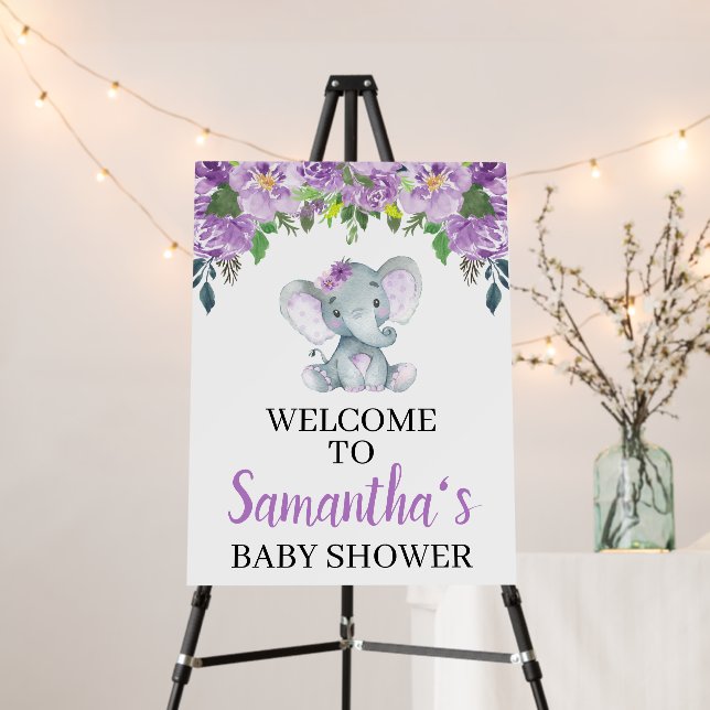 Purple Elephant Baby Shower Welcome Sign (In Situ (Stand))