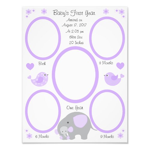 Purple Elephant Baby Stats Girl First Year Collage Photo Print